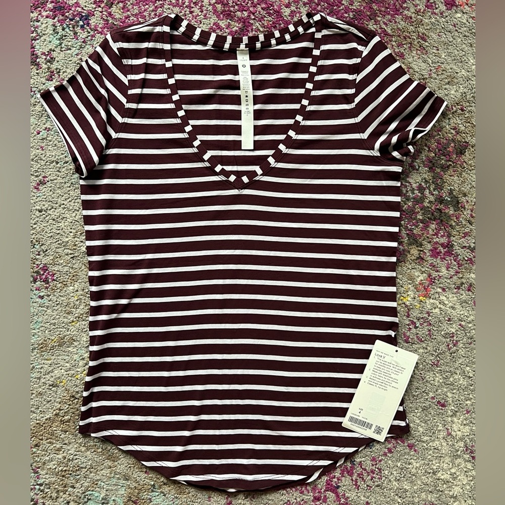 Lululemon Love (Burgundy and White) Striped V-Neck Tee